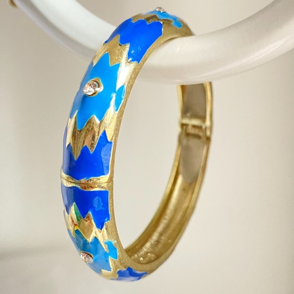 Sequin Bangle Bracelet Blue Abstract Cloisonne Enamel Hinged - Picture 3 of 7